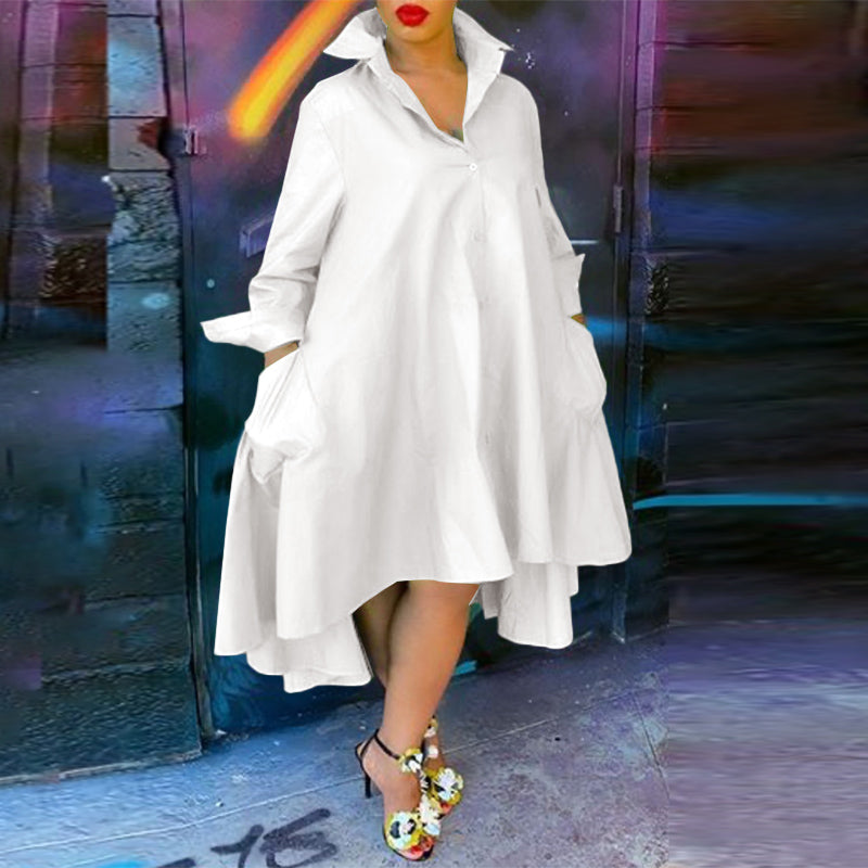 VONDA ladies lady-like temperament solid color shirt dress European and American sweet and elegant lapel button placket front short and back length irregular design long skirt daily spring and summer large size wild dating skirt