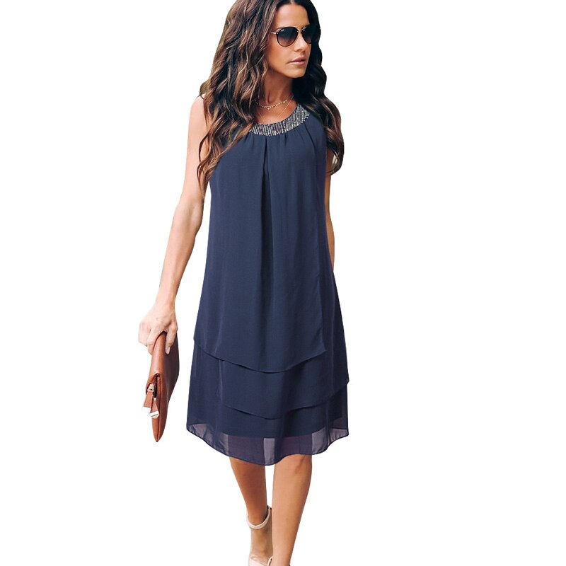 موضة جديدة جولة الرقبة مثير الترتر فستان من الشيفون بلا أكمام 