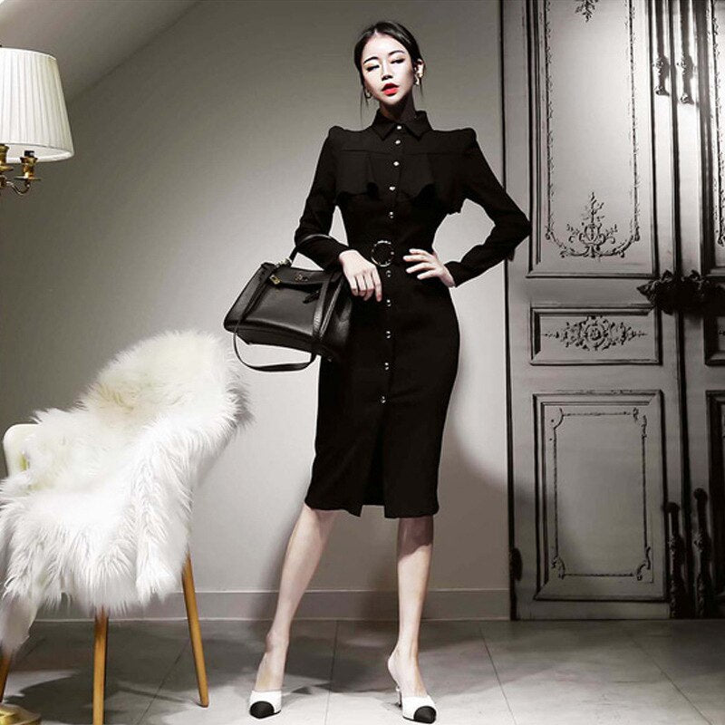 Fashion Women Vintage Single Breasted Ruffle Midi Party Dress Elegant Temperament Belt Black Skinny Bodycon Female Pencil Dress