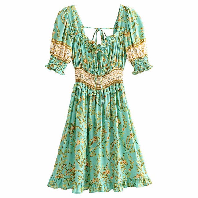 Retro Floral Print Elegant Dress Women Ruffles Bow Tie Vintage Mini Dress Puff Short Sleeve Boho Pleated Dress Vestidos