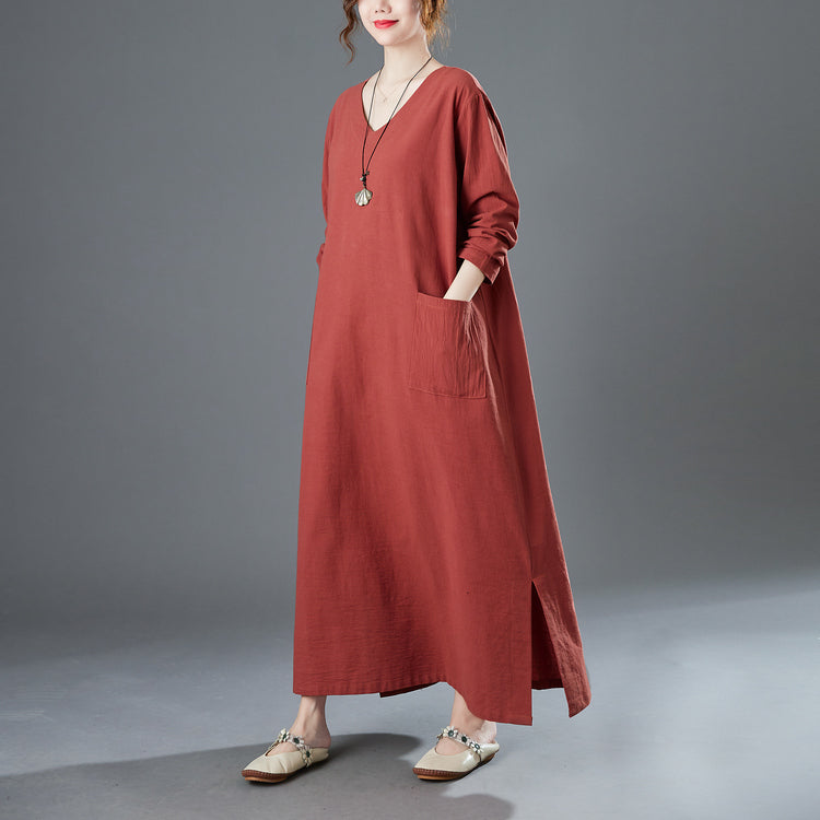 Ladies spring new retro cotton and linen V-neck plus fat to increase  long-sleeved dress robe