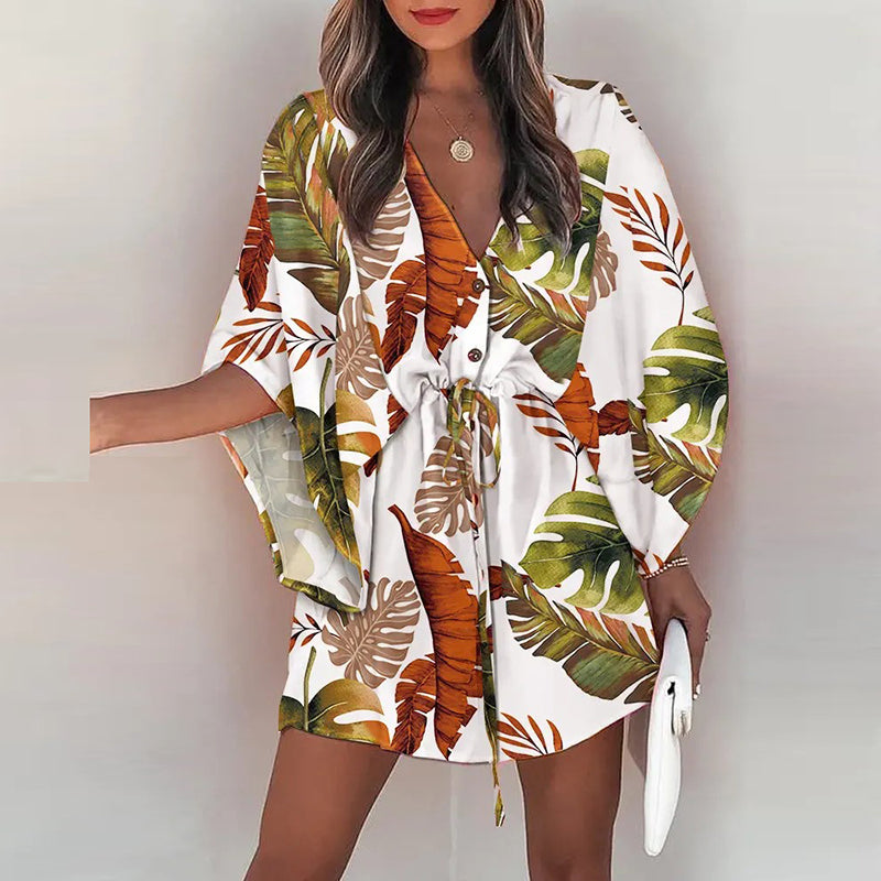 فستان قصير غير رسمي لقضاء العطلات على الشاطئ بوهو للنساء فساتين صيفية مطبوعة بأربطة وأكمام تشبه جناح الخفّاش للنساء رداء نسائي فضفاض 