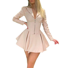 European and American new women's lapel long-sleeved dress solid color