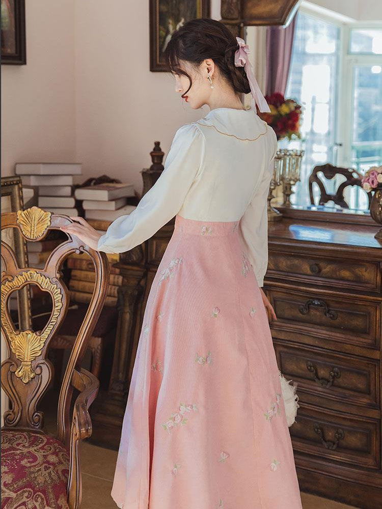 Retro  Dress Women Stitching Pink Elegant Midi Dress Women Korean Fashion One Piece Casual Dress