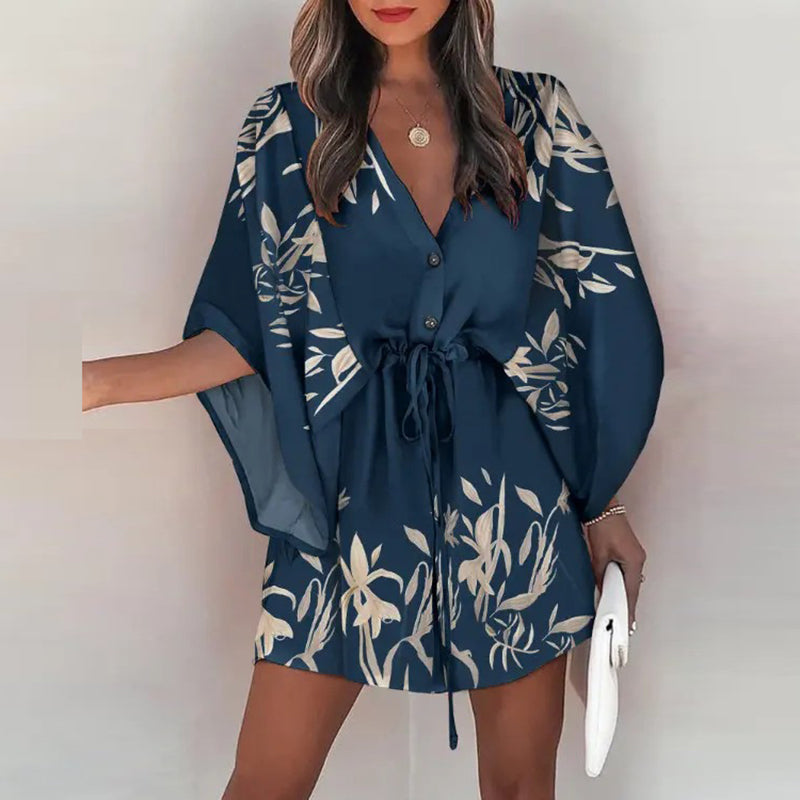 فستان قصير غير رسمي لقضاء العطلات على الشاطئ بوهو للنساء فساتين صيفية مطبوعة بأربطة وأكمام تشبه جناح الخفّاش للنساء رداء نسائي فضفاض 