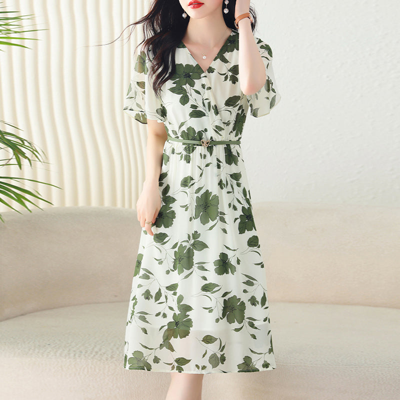 Sui La V-neck age-reducing chiffon floral  waist dress women's summer temperament  and meat-covering long skirt