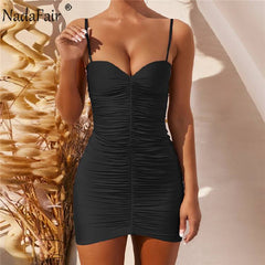 Nadafair Ruched Sleeveless Women's Dress Club Party Night Spaghetti Strap Backless Solid Mini Wrap Bodycon Summer Dress