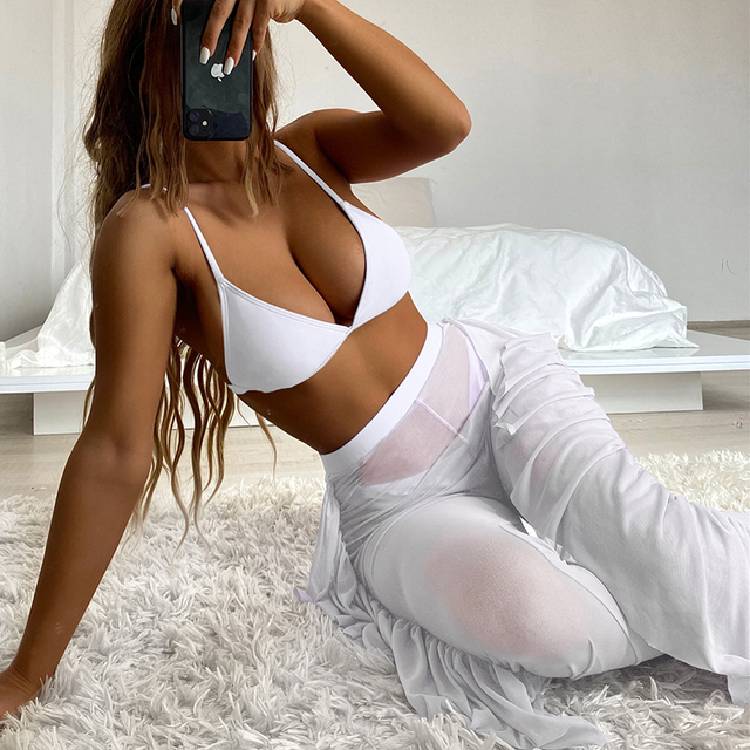 Bikini Female Swimsuit Women Swimwear Three pieces Bikini set With Ruffled Beach Cover Up Pants Bather Bathing Suit Swim