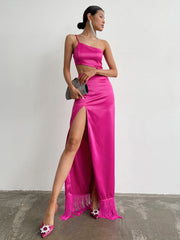 2023 الربيع الصيف المرأة مثير بلون ماكسي حزب فستان ستان سليم Bodycon مساء قلم رصاص مسحوق اللباس 