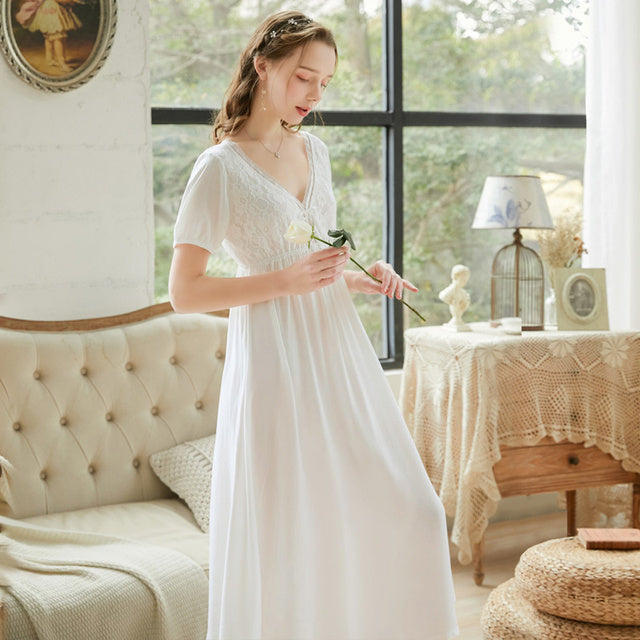 Long Sleeve Ladies Pajamas; Summer Cotton Palace V Neck Sweet Style  Plus Size Loungewear Long Pajamas