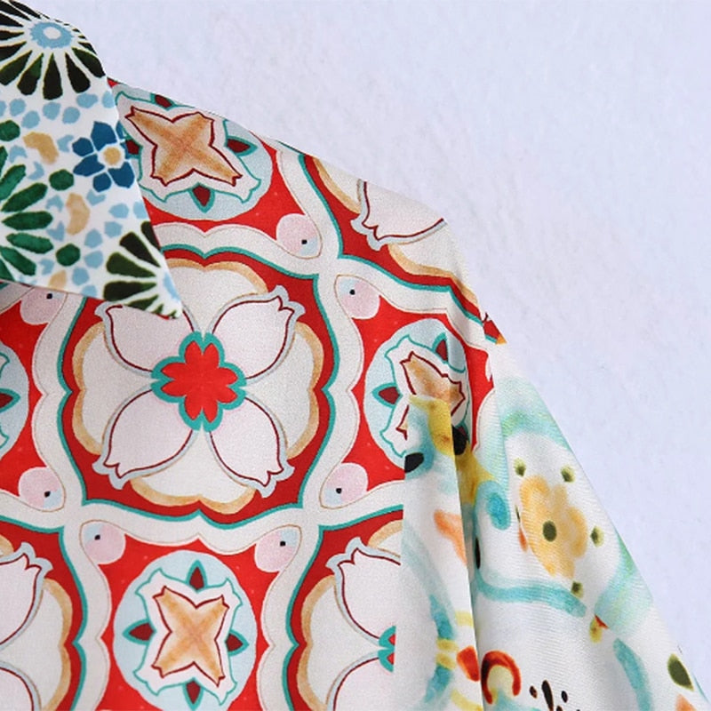 فستان بوهو ستايل قصير مطبوع عليه زهور نصف كم وياقة مقلوبة فساتين أنيقة على شكل حرف A فساتين نسائية أنيقة غير رسمية 