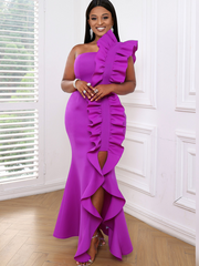 Women Maxi Party Dress One Shoulder Backless Purple Long Ruffles Bodycon Fishtail Evening Event Birthday Gowns African Clubwear