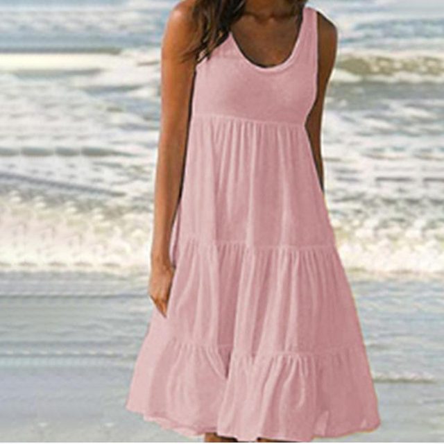 Womenl O Neck Sleeveless Ruffles Mini Dress Boho Solid Beach Sundress Oversized Loose Dress 2023 Summer