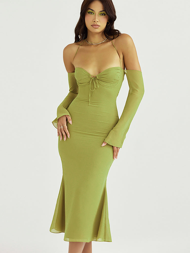 Elegant Strapless Bodycon Long Maxi Dress 2022 Women's Halter Long Sleeve Backless Party Club Dress Casual Tie Dress