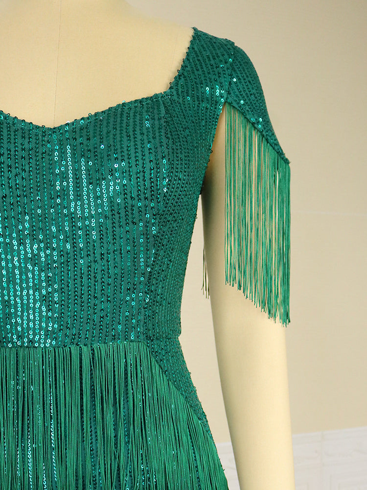 Women Green Tassel Dress Fringe Sequined Shiny Glitter Party Summer Prom Midi Bodycon Sexy Tunics Evening Birthday Robes Vintage