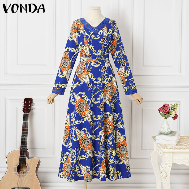 VONDA Women Boho Vintage Random Pattern Printed Maxi Long Dresses Sping Autumn Casual Loose V Neck Long Sleeve Lace-up A-line Vestidos Plus Size
