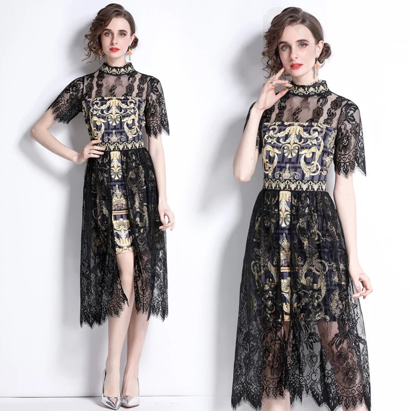 Women's Spring Summer Dress Stitching Print Short Sleeve Turtleneck Bodycon Dress