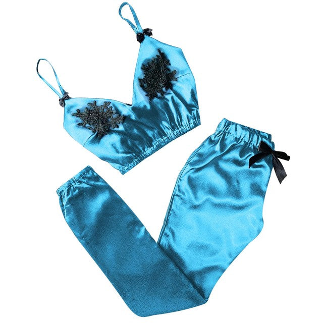 Lace Flower Pajamas Sets Women V-Neck Eyelash Lace Sexy Stain Camisole Pajamas Bowknot Pants Set Femme Sleepwear