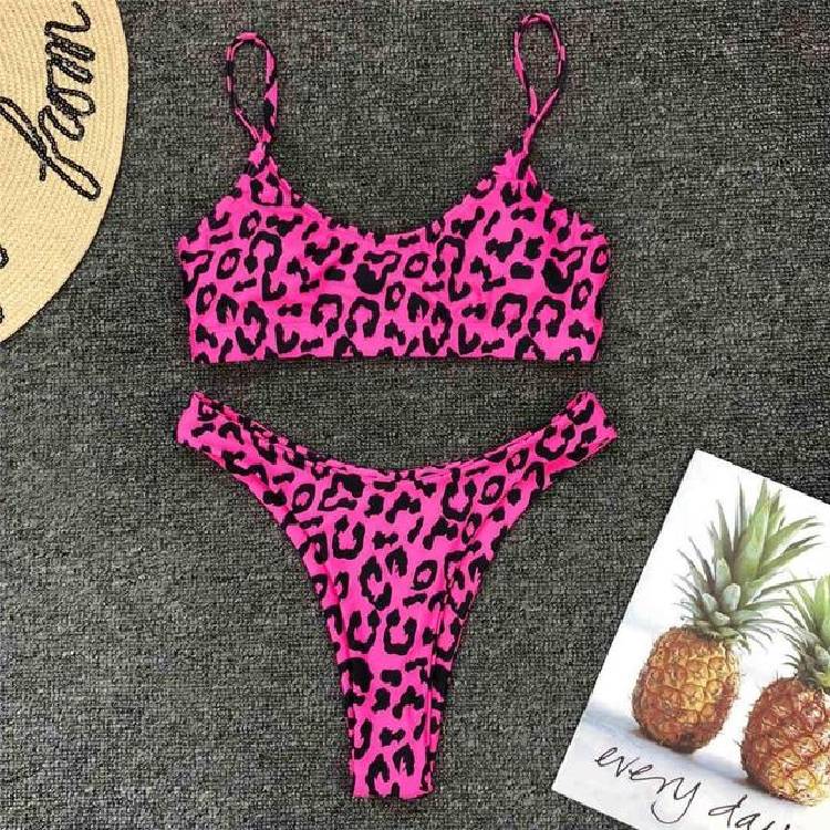 New S XL Hot Pink Leopard Bikini Women Swimwear Female Swimsuit Two piece Bikini set Bather Bathing Suit Swim Lady V871P