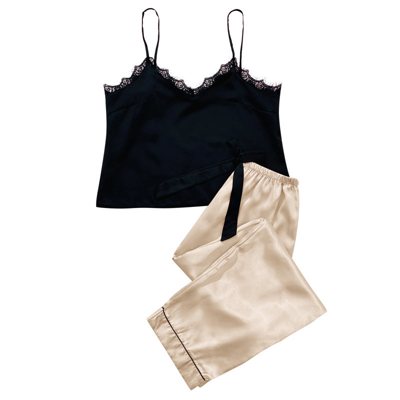 Women's sexy sleeveless home pajamas, lace suspenders, trousers, home clothes,  silk light and breathable nightdress