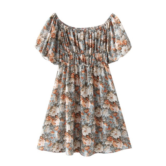 فستان بوهو ستايل قصير مطبوع عليه زهور على شكل فراشة وأكمام قصيرة ورقبة مائلة، فستان نسائي أنيق على شكل حرف A بخصر مطاطي 