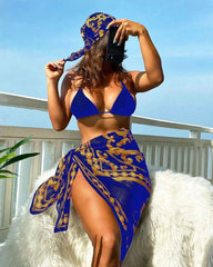 2023 new retro printed bikini swimsuit women's European and American mesh three-piece swimsuit split long skirt bikini