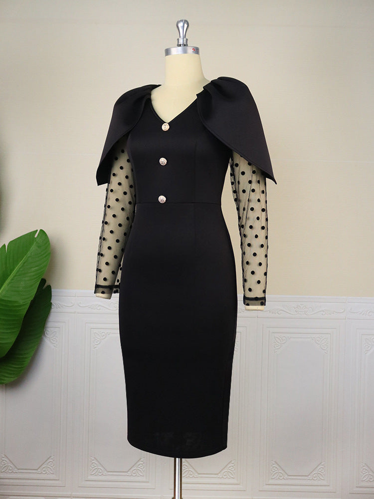 Women Black Dress Bodycon Slim Elegant V Neck Patchwork Mesh Sleeves High Waist Office Ladies Classy Female Gowns Vintage Robes