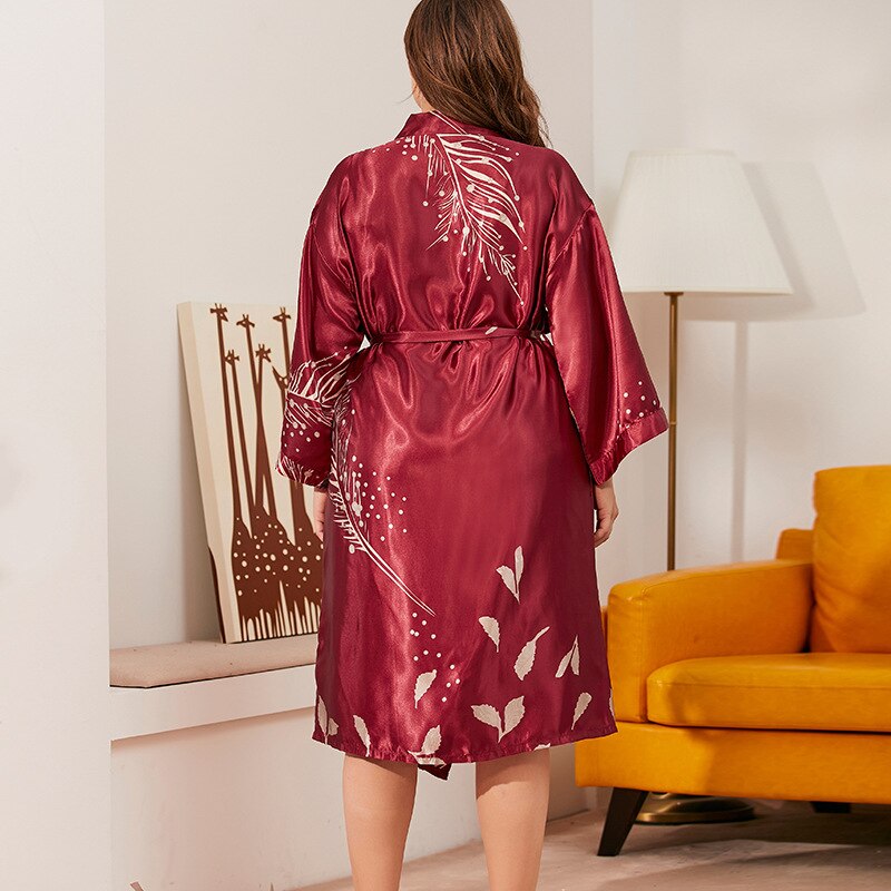 Burgundy Women Full Sleeve Summer Kimono Robe Bathrobe Satin Print  Nightdress Plus Size XL-3XL  Home Dress Sleepwear