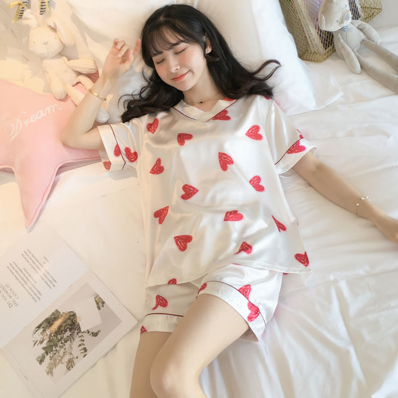 Net red white peach heart spring and summer silk short-sleeved pants V-neck simple and comfortable ladies pajamas suit home service