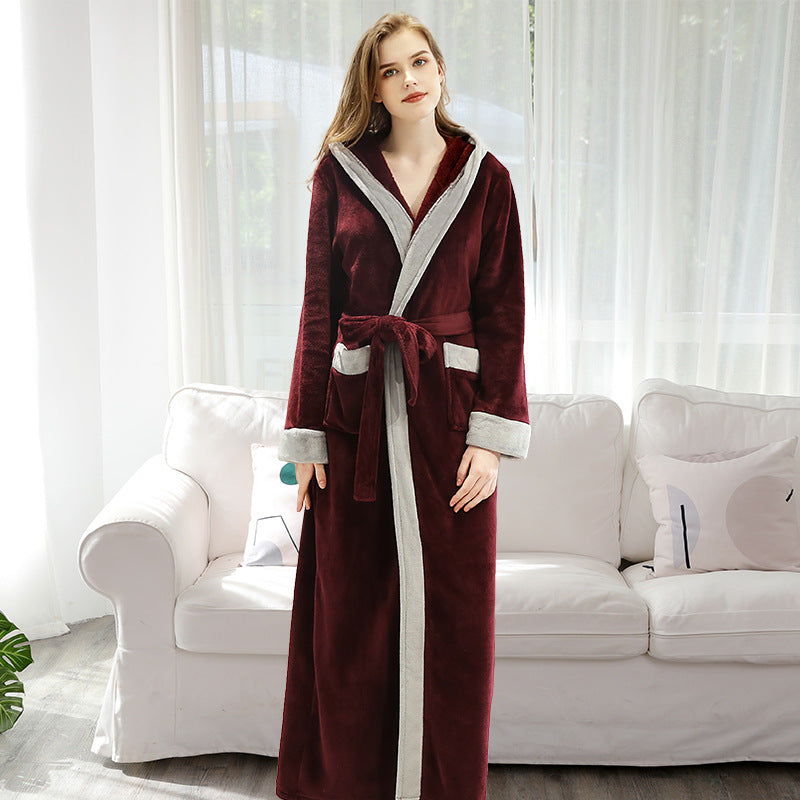 Sexy contrast color hooded bathrobe autumn and winter flannel coral fleece men's nightgown thickened and lengthened couple bathrobes women