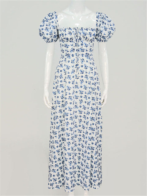 NCLAGEN 2022 بوهو الساحرة الأزهار طباعة فستان عطلة نفخة الأكمام شق Vestidos المرأة الصيف نادي الحفلات خمر فستان طويل رداء