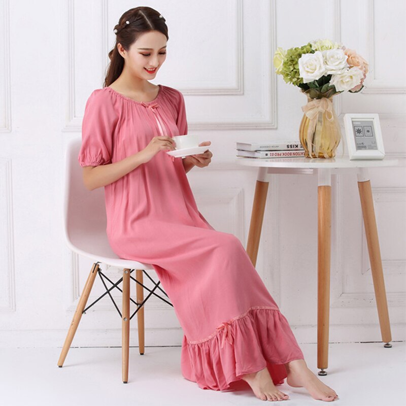 Summer Cotton Nightdress Women Korea Style Elastic Collar Short Sleeve  Long Dresses Nightgown Sleepwear Homewear Female