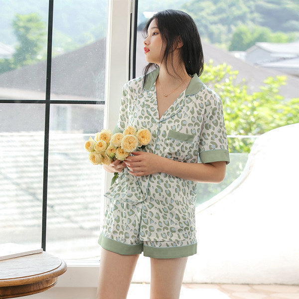 Summer leopard print silky short-sleeved shorts 2 home clothes thin  silk suit