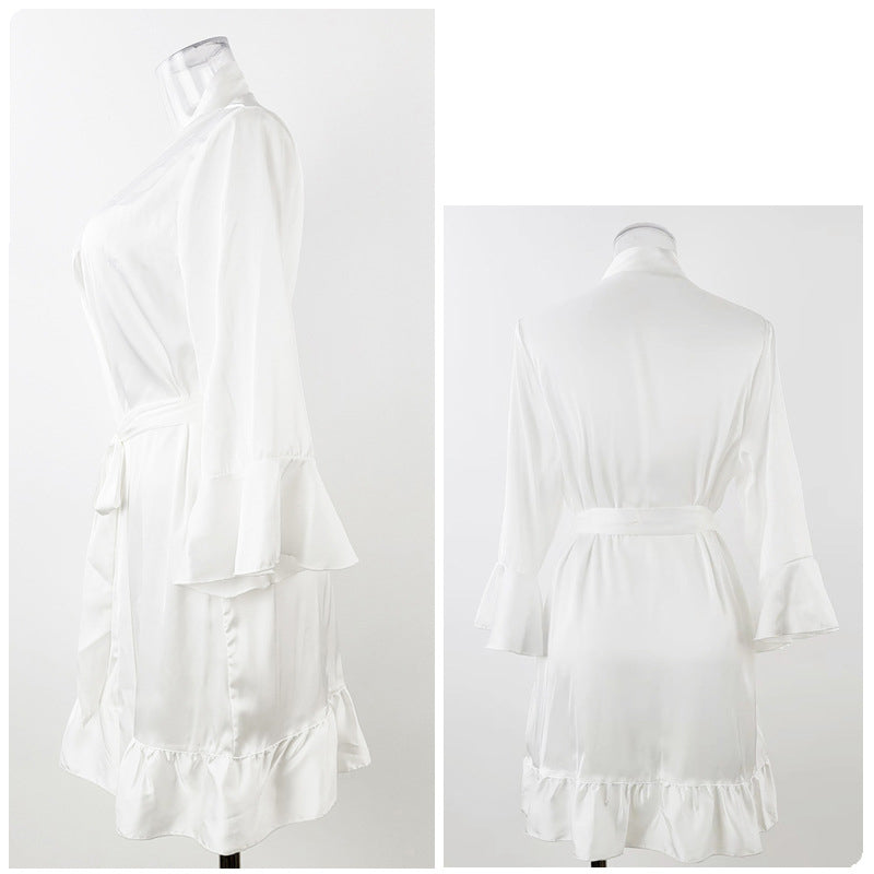 Ladies sexy pajamas  desire simulation silk lotus  cuff cardigan robe nightgown