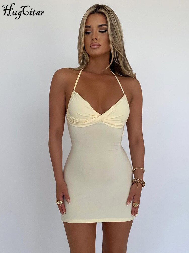 Hugcitar الصلبة الخامس الرقبة بلا أكمام عارية الذراعين الدانتيل يصل ثنيات مثير Bodycon فستان حفلة موسيقية صغيرة الصيف النساء Kawaii الزي مهرجان الحفلات 