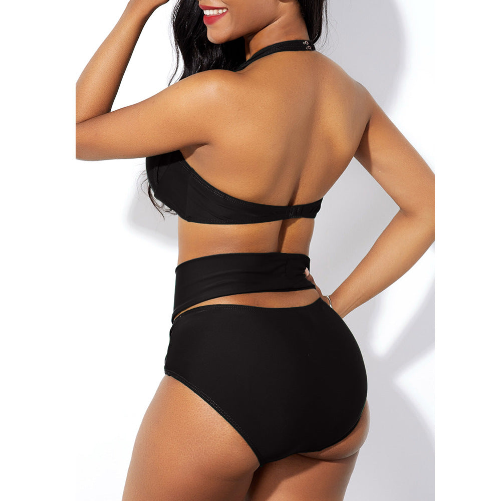 European and American hot-selling women's high-waist solid color cage neck cross bikini split suit with chest pad