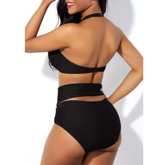 European and American hot-selling women's high-waist solid color cage neck cross bikini split suit with chest pad