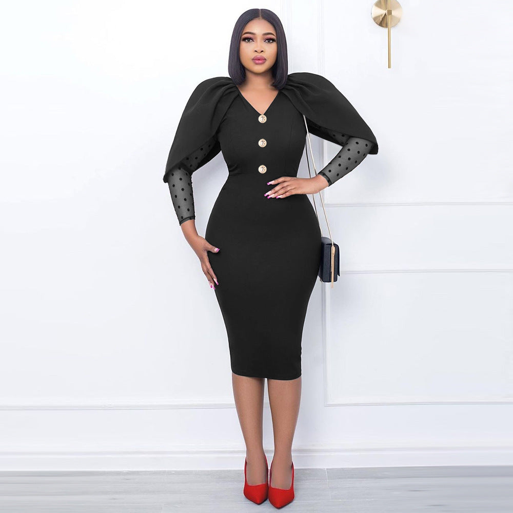 Women Black Dress Bodycon Slim Elegant V Neck Patchwork Mesh Sleeves High Waist Office Ladies Classy Female Gowns Vintage Robes