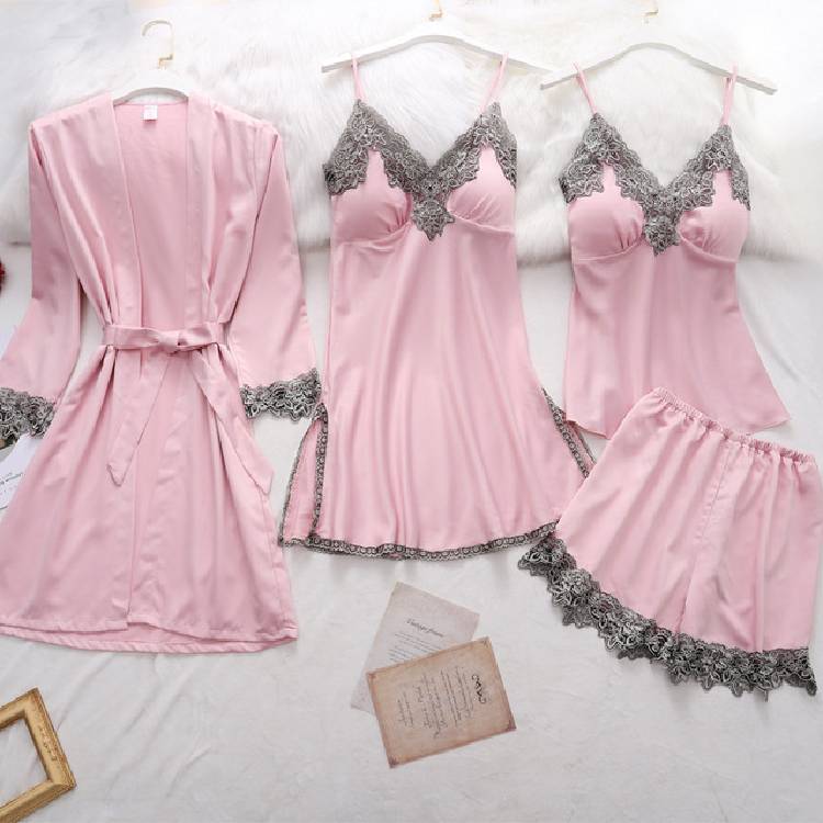 5PC Silk Robe Sleep Suit Womens Lace Satin Pajamas Gown Set V Neck Cami Nighties Wear Pijama Home Nightwear Spring Nightdress
