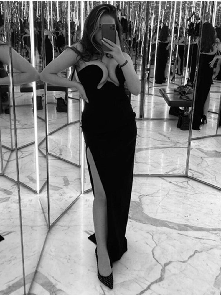 Women Winter Sexy Strapless Backless Slit Black Maxi Long Bodycon Bandage Dress 2022 Elegant Evening Club Dress Tank Top