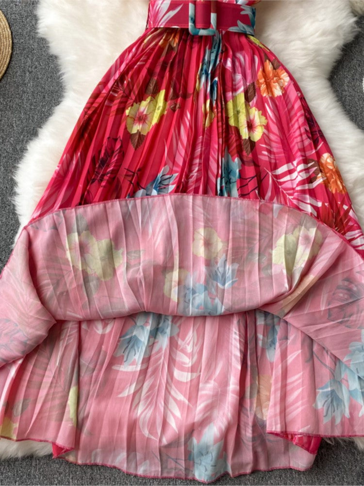 فستان نسائي لربيع وصيف على الطراز الأوروبي والأمريكي أنيق مطوي بطبعة زهور فستان شيفون للإجازات برقبة على شكل حرف V وحزام للسيدات على الشاطئ A-li