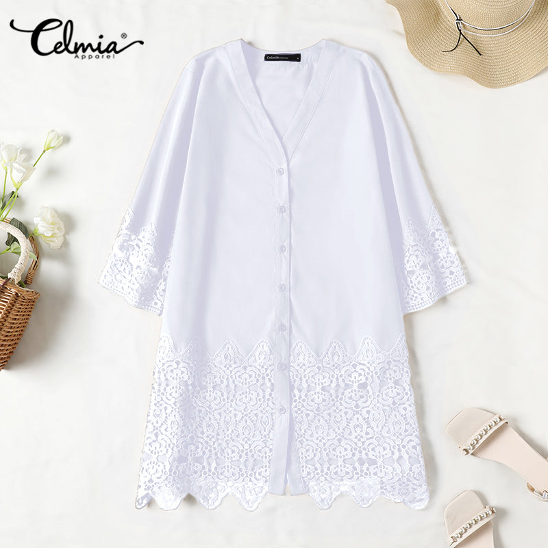 Celmia Elegant Dresses For Women 2022 Solid V Neck Long Sleeve Spliced Lace A-Line Vestidos Bohemian Party Casual Summer Plus Size Short Dresses