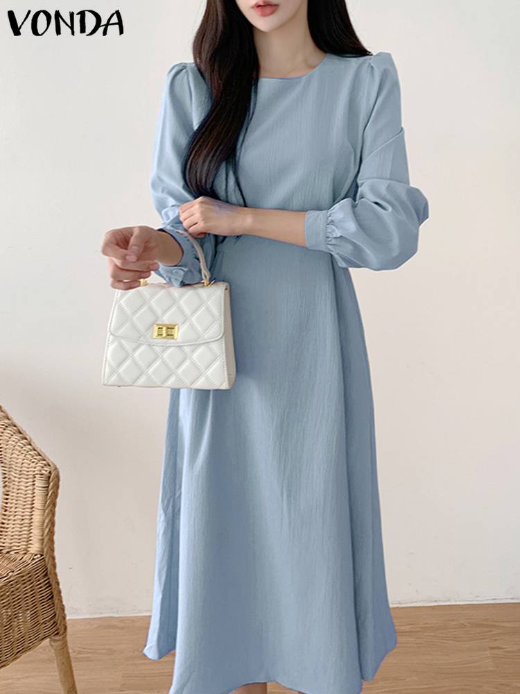 VONDA Women Long Shirt Dress Summer Puff Sleeve Waist-in Design Solid Color Midi Sundress 2023 Elegant Casual Pleated Robe Femme