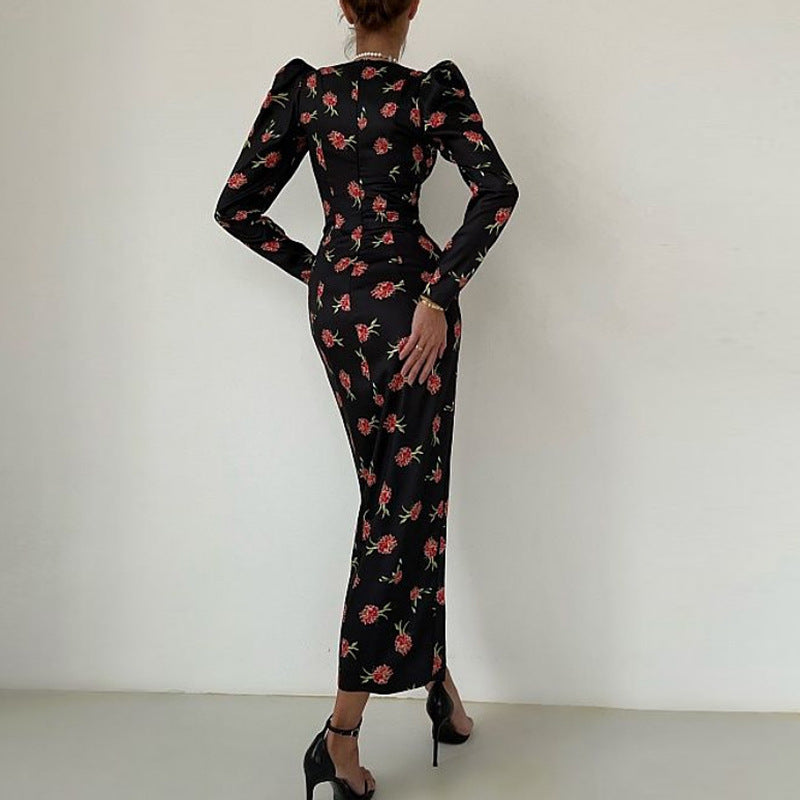 Women's Long Sleeve Bodycon Dress Elegant Drape Square Neck Party Dress Casual Floral Print Slim Dress