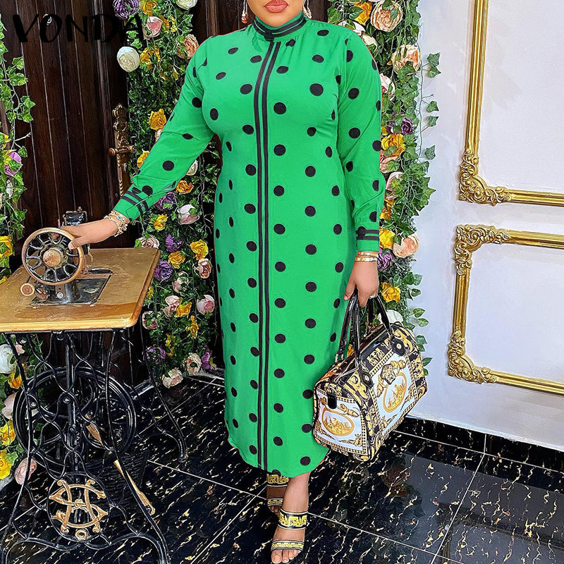 فساتين VONDA Women Boho Vintage Wave Point المطبوعة بطول الكاحل Sping الخريف غير رسمية فضفاضة وياقة واقفة وأكمام طويلة