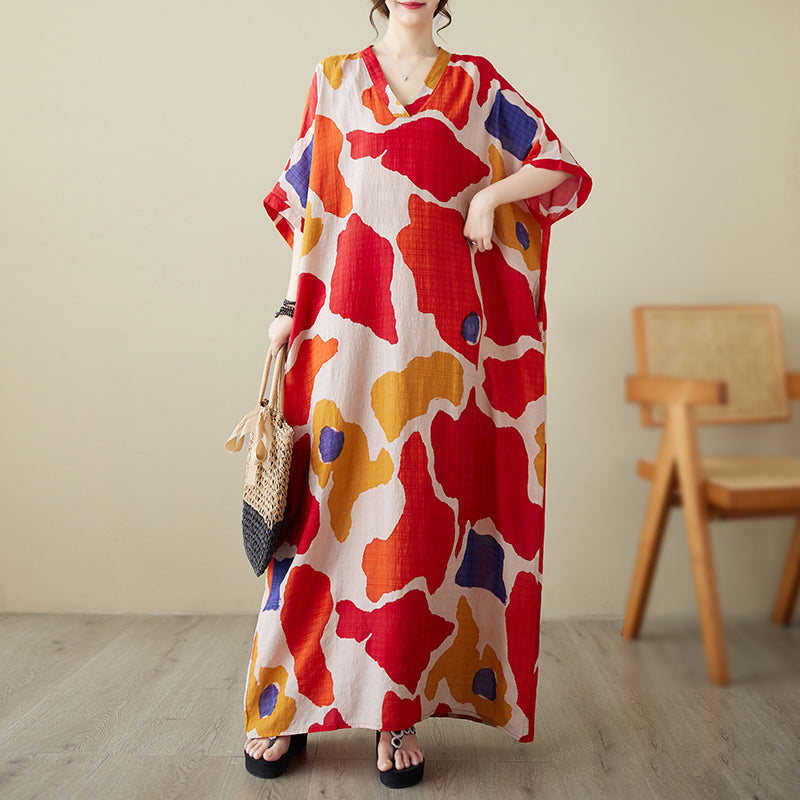 Women's Summer V-neck Thin Cotton Linen Dress Large Size  Literary Vacation Style Beach Skirt Retro Covering Meat Long Robe