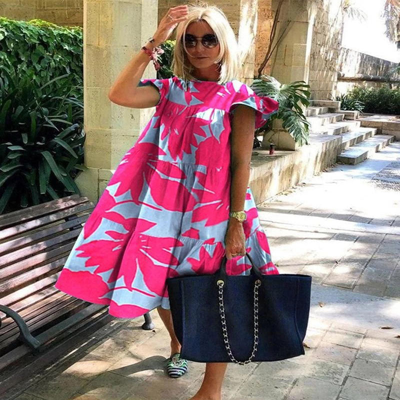 2023 New Summer Boho Dress Women Solid Color Short Sleeve Ruffle Midi Dress Women Casual Holly Beach Party Dress