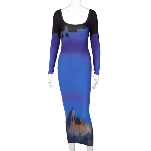 فستان Hugcitar مطبوع برقبة على شكل حرف U وأكمام طويلة بدون ظهر مرقع فستان ماكسي ضيق موضة خريف 2021 للسيدات أنيق Y2K ملابس شارع ضيقة 