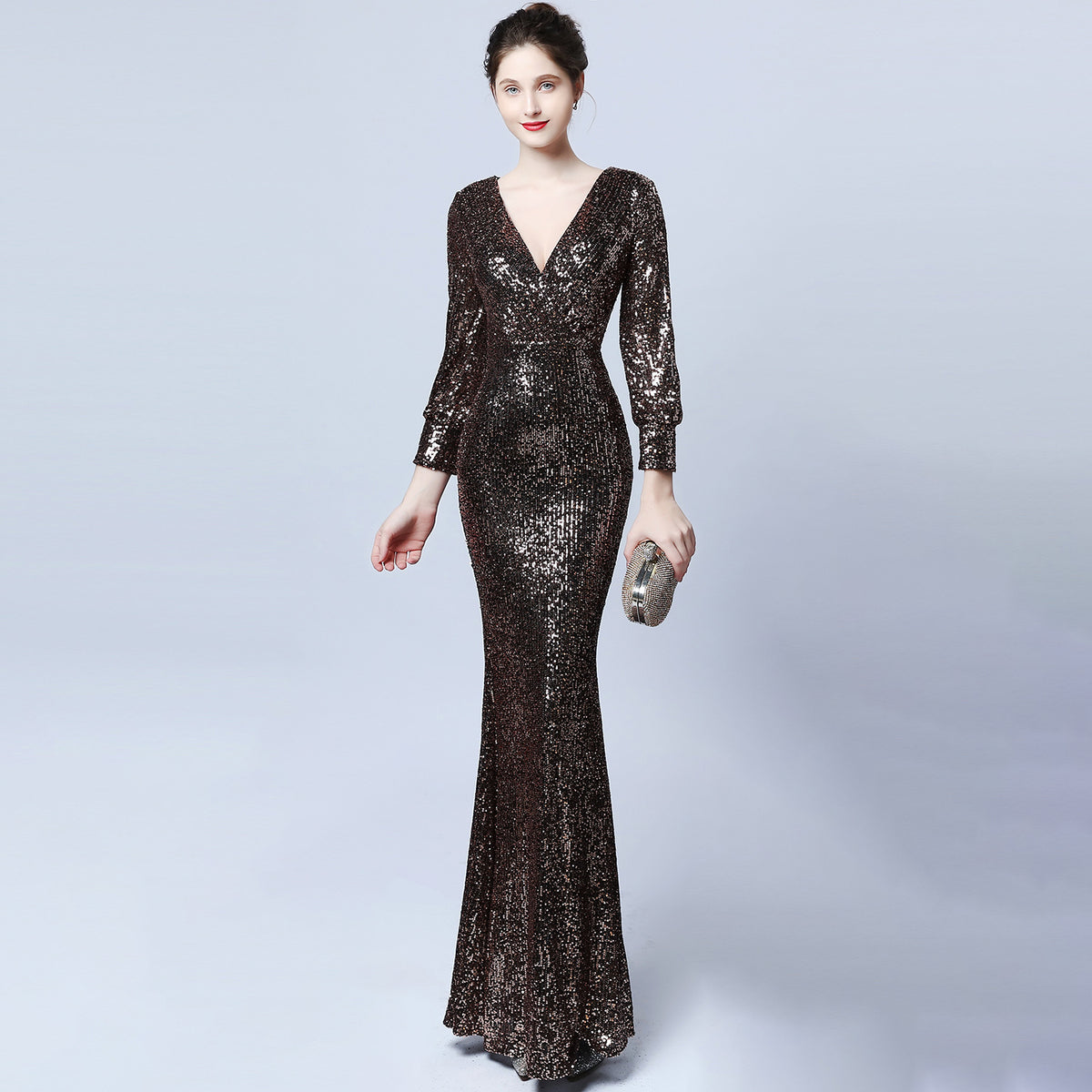 Ladies Fashion Sexy Slim Fit V-neck Sequined Long Sleeve Evening Dress