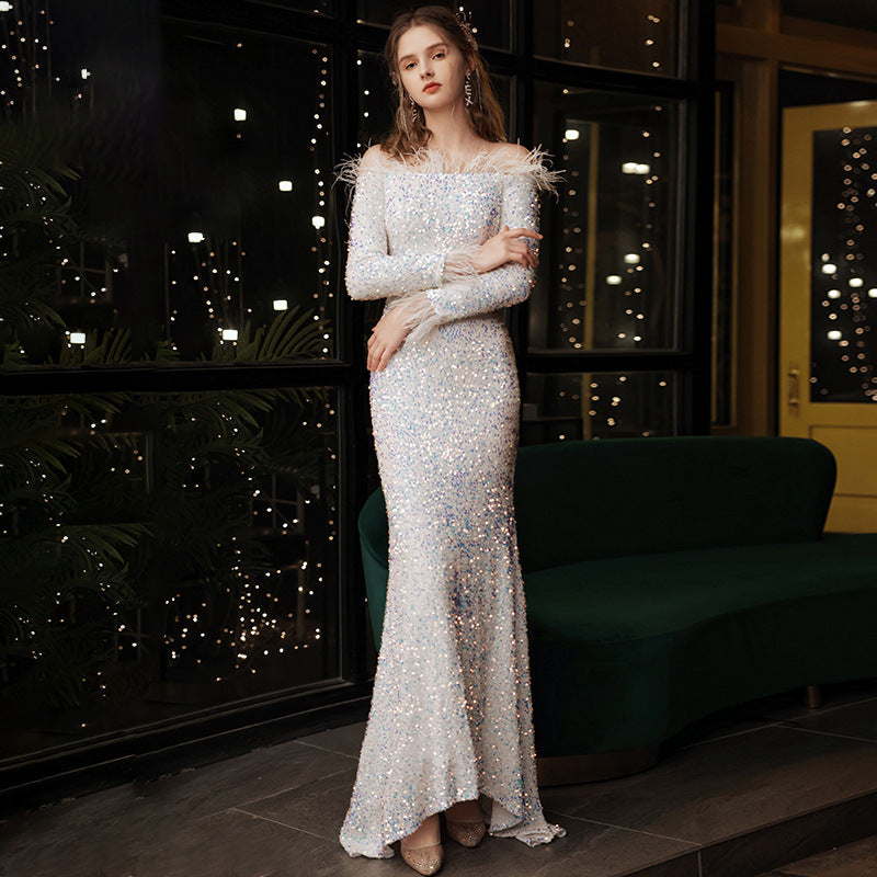 Sequined evening dress 2022 new popular annual meeting fishtail skirt light luxury niche high-end banquet temperament host